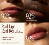A four-panel promotional graphic showing close-up lips before and after use, with text reading 'Real Lips Real Results.