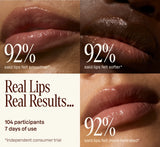 Four-panel infographic highlighting 92% of trial participants reported smoother, softer, and more hydrated lips after 7 days of YOM Beauty lip mask use.